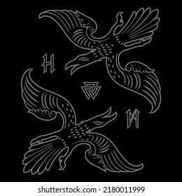 Scandinavian Viking design. Two black crows drawn in Old Norse Celtic style, isolated on black, vector illustration