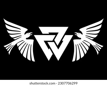 Scandinavian Viking design. Two black crows drawn in Old Norse Celtic style, isolated on black, vector illustration