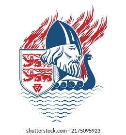 Scandinavian Viking design. Warrior Barbarian Viking Berserker, shield with lions and ship Drakkar, isolated on white, vector illustration