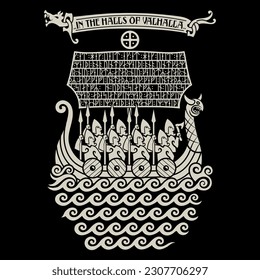 Scandinavian Viking design. Viking warship Drakkar with berserk warriors, drawn in ancient Celtic Scandinavian style and runic symbols, isolated on black, vector illustration svg