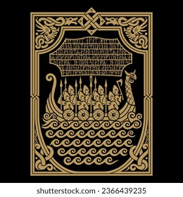 Scandinavian Viking design. Viking warship Drakkar with berserk warriors, drawn in ancient Celtic Scandinavian style and runic symbols, isolated on black, vector illustration svg