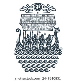 Scandinavian Viking design. Viking warship Drakkar with berserk warriors, drawn in ancient Celtic Scandinavian style and runic symbols, isolated on white, vector illustration svg