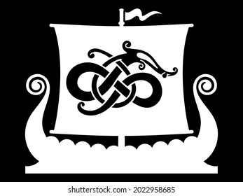 Scandinavian Viking design. Warship of the Vikings - Drakkar, isolated on black, vector illustration