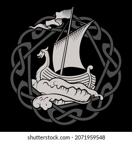 Scandinavian Viking design. Warship of the Vikings, isolated on black, vector illustration