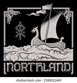 Scandinavian Viking design. Warship of the Vikings and frame in the Old Norse Celtic style, isolated on black, vector illustration