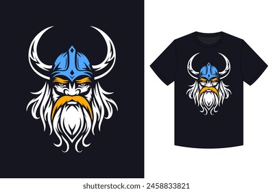 Scandinavian viking head t-shirt design. Print with strong bearded and mustached warrior in horned helmet
