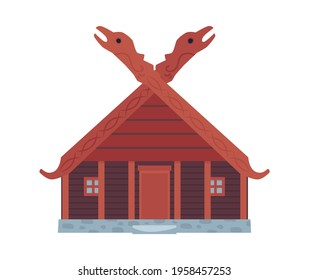 Scandinavian viking house with carved wooden decorative details, flat vector illustration isolated on white background. Traditional ancient dwelling of vikings tribal.