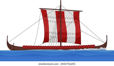 Scandinavian, Viking, Norman or Anglo-Saxon Longship or Drakkar Sailing on Stylized Waves, EPS 10 Vector Illustration