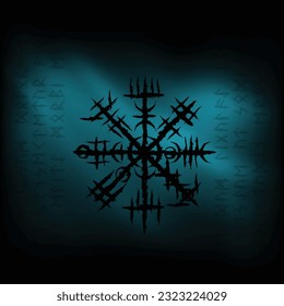 Scandinavian viking norse runes and vegvisir symbol with mesh blue background