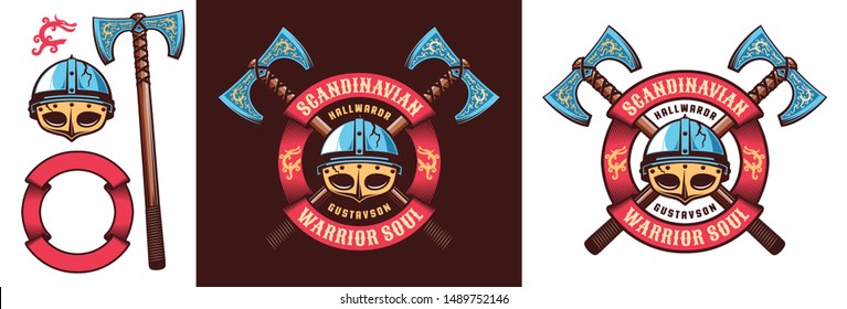 Scandinavian Viking Warrior Logo With Helmet And Crossed Double-edged Axes And Circular Ribbon. Vector Illustration.