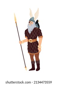 Scandinavian vikings culture composition with isolated male viking with spear winged helmet and bird on shoulder vector illustration