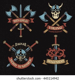 Scandinavian vikings logo set. Emblems with viking weapons. It can be disassembled into separate elements.