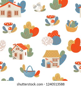 Scandinavian Village in Forest Pattern. Hand Drawn Cute Elements