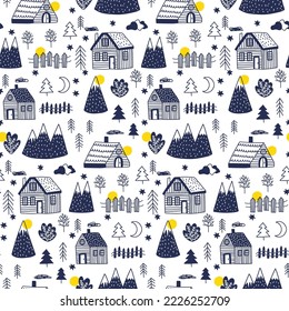 Scandinavian village winter doodle seamless vector pattern