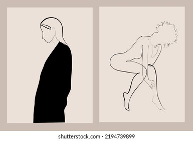 Scandinavian wall art print beige abstract geometric shape with female figure poster. Decorative pictures for prints, cover, social media. Luxury vector line art illustration.