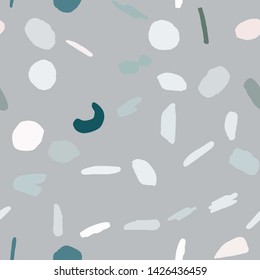 Scandinavian wallpaper. Abstract chaotic shapes and elements seamless pattern on white background. Pastel colors. Texture for textile, postcard, wrapping paper, packaging. Vector illustration