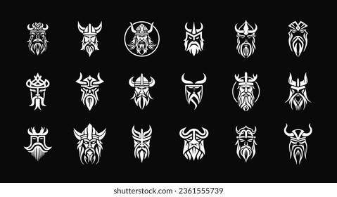 Scandinavian warrior emblem set, medieval mascot logo, ancient Norseman. Viking monochrome symbols collection, man in a horned helmet. Vector logo