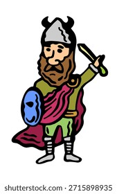 Scandinavian warrior with shield and sword and armor on a white isolated background. Vector color illustration in cartoon style