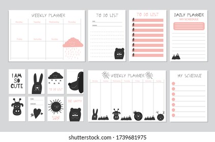 Scandinavian Weekly and Daily Planner Template. Organizer and Schedule with Notes and To Do List. Vector. Isolated. Schedule Checkpoints Notebook Concept with Fun Hand Grawn Scandinavian Elements