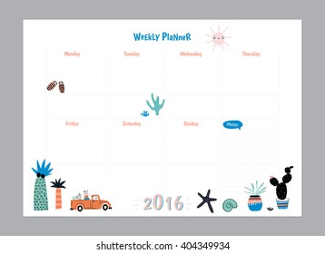 Scandinavian Weekly and Daily Planner Template. Organizer and Schedule with Notes and To Do List. Vector. Isolated. Trendy Holiday Summer Concept with Graphic Design Elements