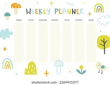 Scandinavian weekly planner for children. Abstract design of timetable for kids.