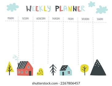 Scandinavian weekly planner with cute houses. Design of timetable for kids with little village.