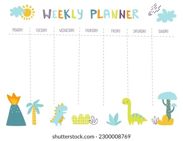 Planner semanal escandinavo con dino para niños. Diseño Jurásico de horarios para niños.