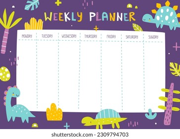 Scandinavian weekly planner with dino and plants for children. Bright Jurassic design of timetable for kids.