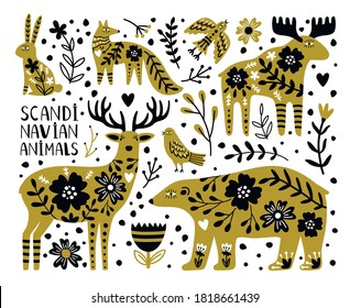 Scandinavian Wild Animals. Cute Bear And Deer, Rabbit And Fox Between Branches And Berries, Vector Illustration Of Nordic Animals Isolated On White Background