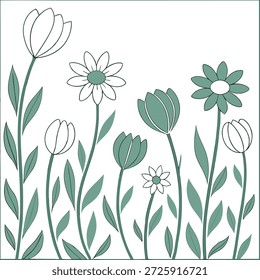 Patrón de azulejos sin fisuras de flores silvestres escandinavas con margaritas simples y tulipanes en tonos verdes suaves para el concepto de hogares minimalistas como margaritas simples y tulipanes en tonos verdes suaves crean patrones de azulejos sin fisuras de flores silvestres escandinavas para hogares minimalistas en Foto de archivo Concepto y espacio vacío en el lado izquierdo, sin texto --ar 7:2 --tile