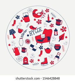 Scandinavian winter and autumn elements and Hygge concept design, Merry Christmas card, banner, background, hand drawn cozy vector illustrations.Isolated on white background. Red and blue color.