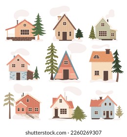 Scandinavian winter cabins set. Vector illustration 