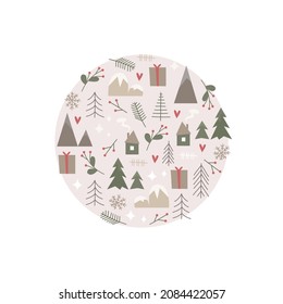 Skandinavische Winterelemente in einem Kreis zum Weihnachtsdruck. Vektorgrafik