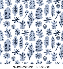 Scandinavian winter forest trees and plants, nordic seamless vector pattern. Decorative background for textile prints, wallpapers, scrapbooking. Grey, dark navy and white colors