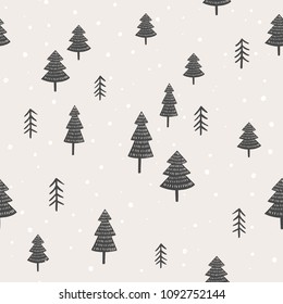 Scandinavian Winter Forest Vector Pattern. Hand Drawn Seamless Backgorund With Trees And Snow.