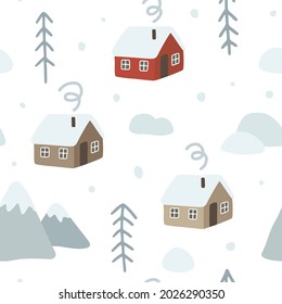 Scandinavian winter houses seamless pattern. Texture for fabric, textile, apparel, papper, wrapping.