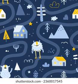 Scandinavian winter landscape pattern with yeti. Seamless vector print with nordic map for kids.