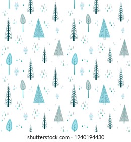Scandinavian Winter landscape seamless pattern for design packaging paper, postcard, textiles. Forest pattern