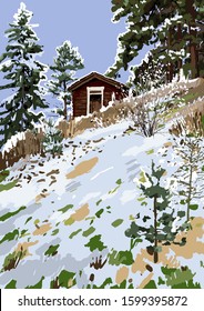 Scandinavian winter landscape with traditional wooden house on the snowy hillside surrounded by coniferous trees and bushes. Vector natural illustration