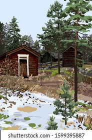 Scandinavian winter landscape with traditional wooden houses in the snowy fields surrounded by coniferous trees and bushes . Vector natural illustration
