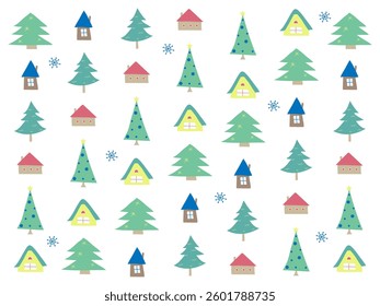 Scandinavian in the winter pattern house and trees background. 