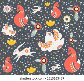 scandinavian winter pattern in nordic folklore style  with fox, rabbit, bird, flowers on dark background.  Great for stylish Christmas