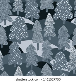 El pinar de invierno escandinavo es un patrón sin fisuras. Fondo del bosque de Doodle. Estilo de arte naïf. Diseño dibujado a mano para tela, papel textil, papel de envoltura, textil infantil. Ilustración del vector