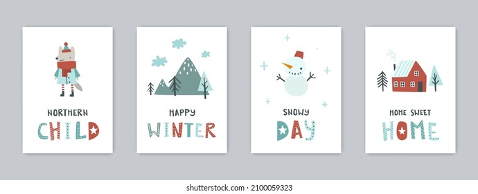 Scandinavian winter poster set. Bundle of nordic baby prints for nursery and apparel.