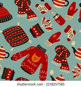 Scandinavian winter seamless pattern. Cozy boho background with falling seasonal hygge elements knitted scarf mitten sweater hat sock kettle teapot candle in cartoon doodle style