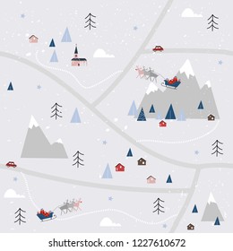 Scandinavian  winter seamless pattern. Simple flat house, and landscape elements. Deer and presents. Map illustration. Minimalist european houses.