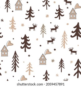 Scandinavian winter seamless pattern. Simple deer, houses, and trees landscape. Minimalist European houses. Cartoon Xmas illustration.