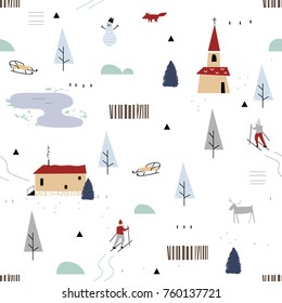 Scandinavian  winter seamless pattern. Simple flat fox, house, church, skier, lake and landscape elements. Map illustration. Minimalist european houses. 