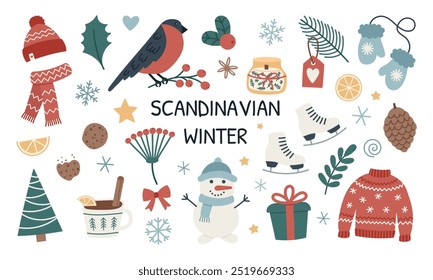 Scandinavian winter set. Cozy stickers. Hand drawn vector illustration