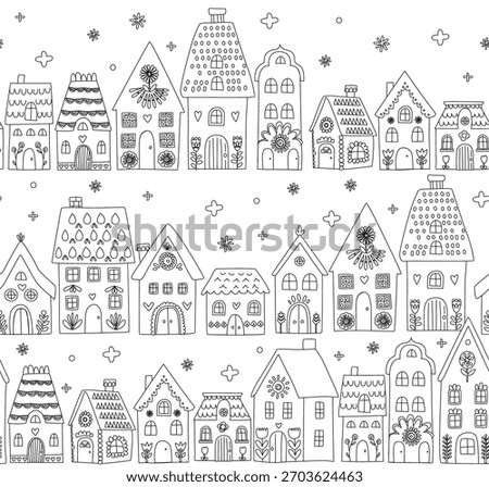Scandinavian Winter Village seamless pattern, Cozy Folk Art Houses Illustration. Nordic Street, Holiday Houses Vector Background. Doodle style Scandinavian Town Festive Winter cartoon linear Clipart